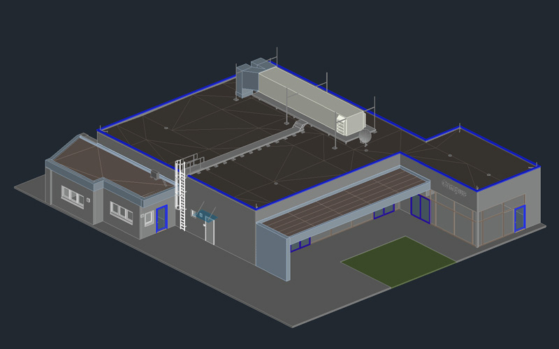 BIM-Gebäudemodell aus Drohnenvermessung für präzises Facilitymanagement Isometrisches BIM-Modell eines Gewerbegebäudes mit Flachdach, Dachaufbauten und markierten Dachflächen auf Basis von Drohnenvermessung für präzises Facilitymanagement