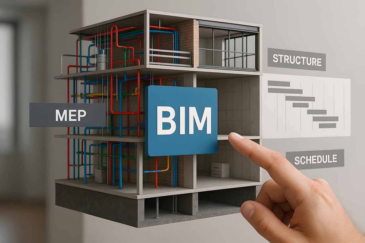 Digitales Gebäudemodell mit BIM- und MEP-Koordination 3D-Gebäudemodell mit farbigen MEP-Leitungen und BIM-Schaltfläche als Symbol für digitales Planen und Koordination