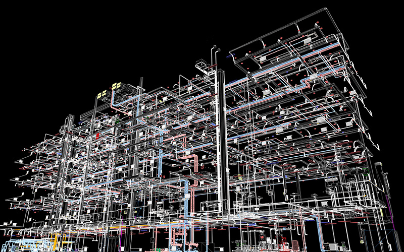 Komplexes MEP-BIM-Gebäudemodell mit vollständigem Leitungs- und Anlagennetz Komplexes MEP-BIM-Modell eines Gebäudes mit vollständigem 3D-Leitungs- und Anlagennetz auf schwarzem Hintergrund