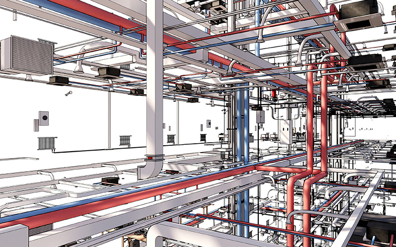 MEP-BIM-Modell der Haustechnik mit detaillierter 3D-Leitungsführung Detailliertes MEP-BIM-Modell mit roter und blauer Rohrleitungsführung für Haustechnik in einem Gebäude