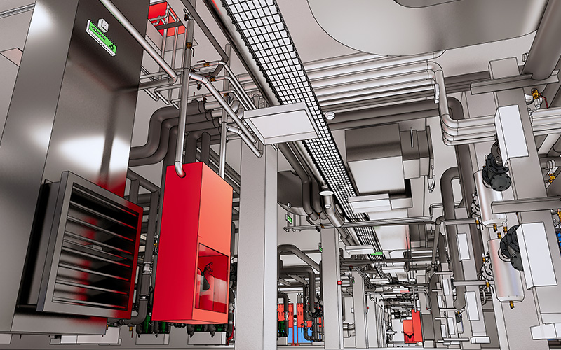 TGA 3D-Modell einer Technikzentrale – BIM-Visualisierung der Haustechnik 3D-Modell einer Technikzentrale mit TGA-Rohrleitungen, Luftkanälen und roten Brandschutz-Elementen als BIM-Visualisierung