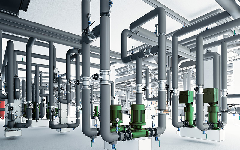 TGA- und MEP-Rohrleitungen in technischem Gebäudebereich als 3D-Modell Detailansicht von TGA-Rohrleitungen und Pumpen in einem technischen Gebäudebereich als 3D-Visualisierung